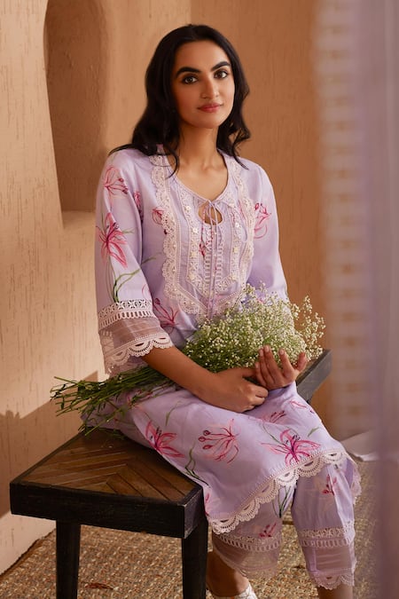 Bhawna Sethi Purple Cotton, Silk, Chanderi Lace, Pearls, Finch Kurta Set With Dupatta at Aza Fashions Bhawna Sethi_Purple Cotton, Silk, Chanderi Lace, Pearls, Finch Kurta Set With Dupatta _at_Aza_Fashions