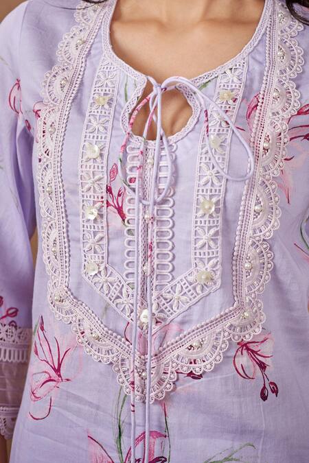 Buy Bhawna Sethi Purple Cotton, Silk, Chanderi Lace, Pearls, Finch Kurta Set With Dupatta Buy_Bhawna Sethi_Purple Cotton, Silk, Chanderi Lace, Pearls, Finch Kurta Set With Dupatta