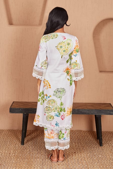 Shop_Bhawna Sethi_White Cotton, Silk Lace, Pearls Pelican Watercolour Floral Print Kurta With Pant _at_Aza_Fashions