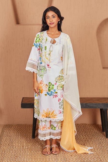 Shop_Bhawna Sethi_White Cotton, Silk Lace, Pearls Pelican Watercolour Floral Print Kurta With Pant _Online_at_Aza_Fashions