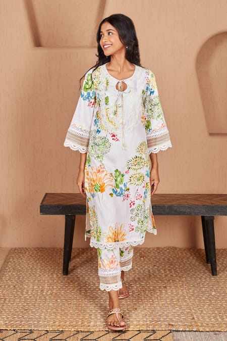 Buy Bhawna Sethi White Cotton, Silk, Chanderi Lace, Pearls Pelican Kurta Set With Dupatta Online at Aza Fashions Buy_Bhawna Sethi_White Cotton, Silk, Chanderi Lace, Pearls Pelican Kurta Set With Dupatta _Online_at_Aza_Fashions