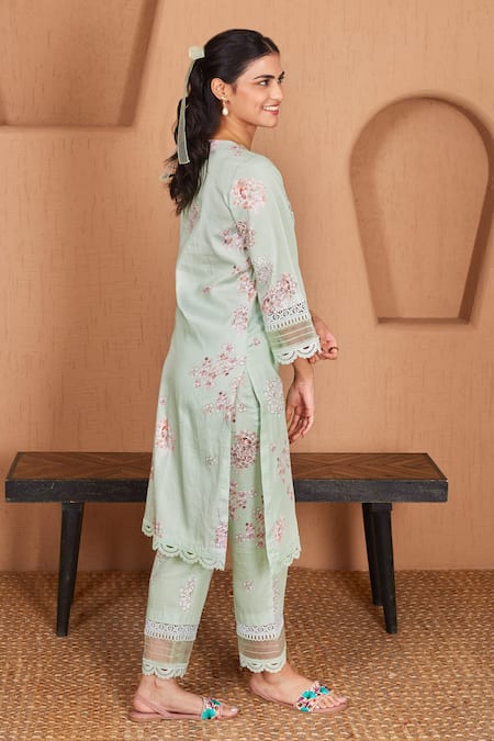 Shop Bhawna Sethi Green Cotton, Silk Lace, Pearls Keyhole Lovebird Floral Print Kurta With Pant at Aza Fashions Shop_Bhawna Sethi_Green Cotton, Silk Lace, Pearls Keyhole Lovebird Floral Print Kurta With Pant _at_Aza_Fashions