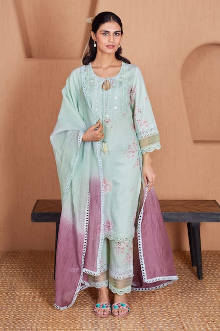 Bhawna Sethi Green Cotton, Silk Lace, Pearls Keyhole Lovebird Floral Print Kurta With Pant Online at Aza Fashions Bhawna Sethi_Green Cotton, Silk Lace, Pearls Keyhole Lovebird Floral Print Kurta With Pant _Online_at_Aza_Fashions