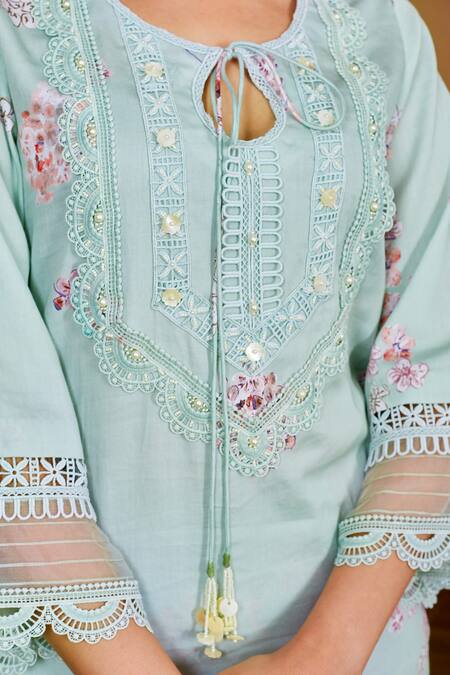 Bhawna Sethi Green Cotton, Silk Lace, Pearls Keyhole Lovebird Floral Print Kurta With Pant at Aza Fashions Bhawna Sethi_Green Cotton, Silk Lace, Pearls Keyhole Lovebird Floral Print Kurta With Pant _at_Aza_Fashions