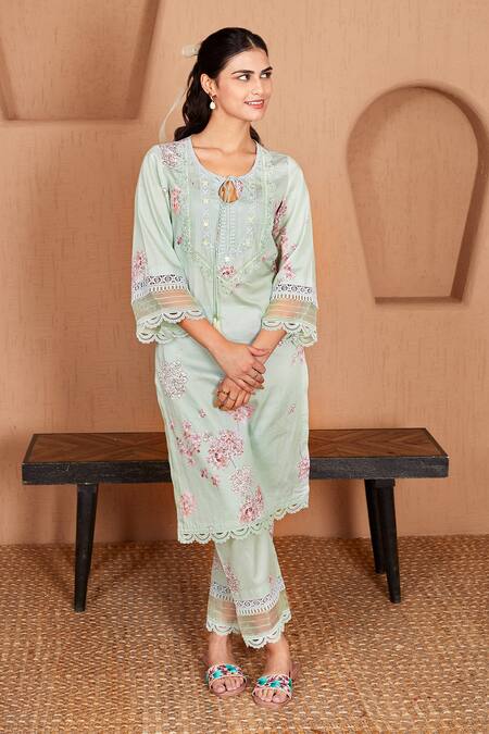 Buy Bhawna Sethi Green Cotton, Silk, Chanderi Embroidery, Lace, Lovebird Kurta Set With Dupatta Buy_Bhawna Sethi_Green Cotton, Silk, Chanderi Embroidery, Lace, Lovebird Kurta Set With Dupatta