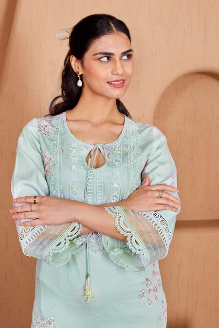 Shop Bhawna Sethi Green Cotton, Silk, Chanderi Embroidery, Lace, Lovebird Kurta Set With Dupatta Shop_Bhawna Sethi_Green Cotton, Silk, Chanderi Embroidery, Lace, Lovebird Kurta Set With Dupatta