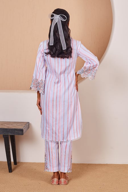 Shop Bhawna Sethi Blue Cotton, Silk Cut Work, Bluebird Stripe Print Kurta And Pant Co-ord Set at Aza Fashions Shop_Bhawna Sethi_Blue Cotton, Silk Cut Work, Bluebird Stripe Print Kurta And Pant Co-ord Set _at_Aza_Fashions