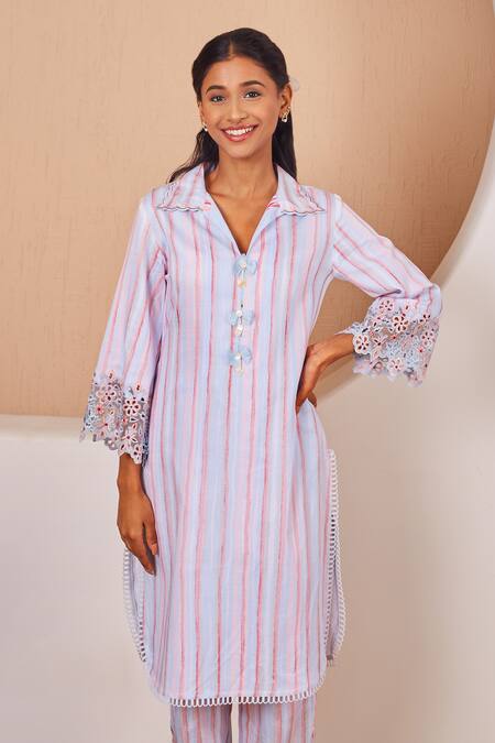 Buy Bhawna Sethi Blue Cotton, Silk Cut Work, Bluebird Stripe Print Kurta And Pant Co-ord Set Online at Aza Fashions Buy_Bhawna Sethi_Blue Cotton, Silk Cut Work, Bluebird Stripe Print Kurta And Pant Co-ord Set _Online_at_Aza_Fashions