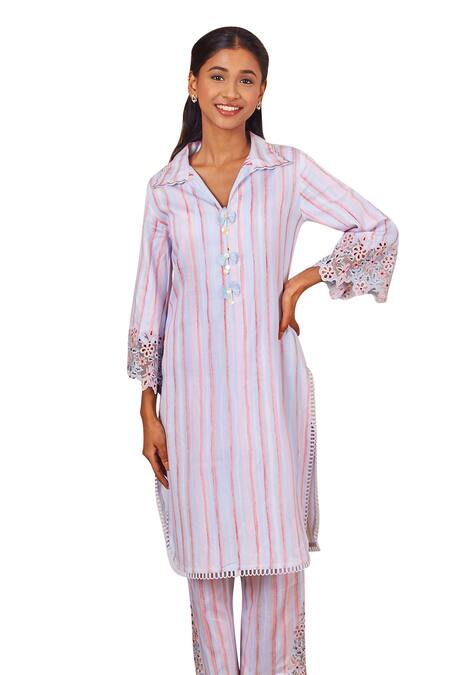 Shop Bhawna Sethi Blue Cotton, Silk Cut Work, Bluebird Stripe Print Kurta And Pant Co-ord Set Online at Aza Fashions Shop_Bhawna Sethi_Blue Cotton, Silk Cut Work, Bluebird Stripe Print Kurta And Pant Co-ord Set _Online_at_Aza_Fashions