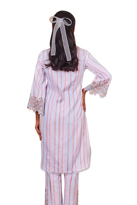 Buy Bhawna Sethi Blue Cotton, Silk Cut Work, Bluebird Stripe Print Kurta And Pant Co-ord Set Buy_Bhawna Sethi_Blue Cotton, Silk Cut Work, Bluebird Stripe Print Kurta And Pant Co-ord Set