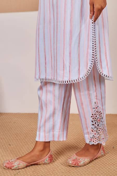 Shop Bhawna Sethi Blue Cotton, Silk Cut Work, Bluebird Stripe Print Kurta And Pant Co-ord Set Shop_Bhawna Sethi_Blue Cotton, Silk Cut Work, Bluebird Stripe Print Kurta And Pant Co-ord Set