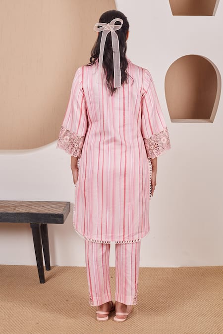 Shop Bhawna Sethi Pink Cotton, Silk Cut Work, Sequins Collared Rosella Kurta And Pant Co-ord Set at Aza Fashions Shop_Bhawna Sethi_Pink Cotton, Silk Cut Work, Sequins Collared Rosella Kurta And Pant Co-ord Set _at_Aza_Fashions