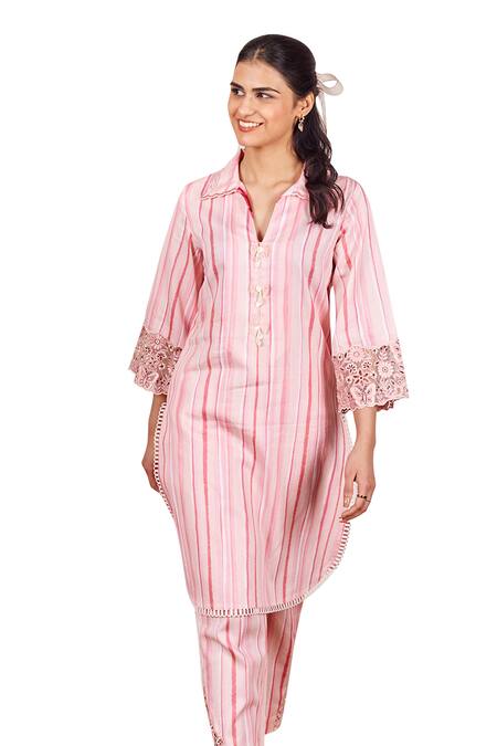 Bhawna Sethi Pink Cotton, Silk Cut Work, Sequins Collared Rosella Kurta And Pant Co-ord Set Online at Aza Fashions Bhawna Sethi_Pink Cotton, Silk Cut Work, Sequins Collared Rosella Kurta And Pant Co-ord Set _Online_at_Aza_Fashions