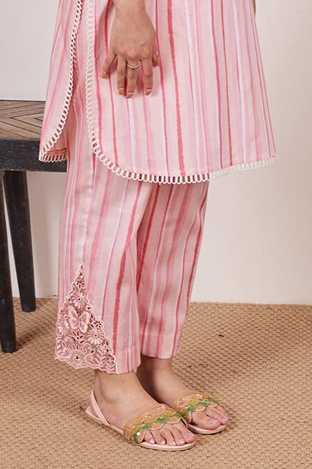 Shop Bhawna Sethi Pink Cotton, Silk Cut Work, Sequins Collared Rosella Kurta And Pant Co-ord Set Online at Aza Fashions Shop_Bhawna Sethi_Pink Cotton, Silk Cut Work, Sequins Collared Rosella Kurta And Pant Co-ord Set _Online_at_Aza_Fashions