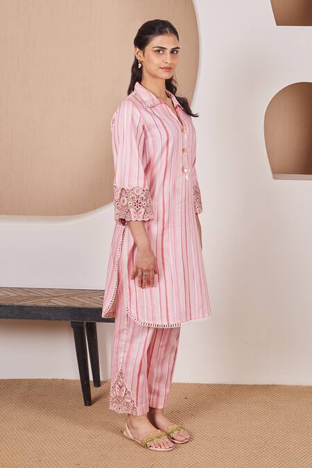 Bhawna Sethi Pink Cotton, Silk Cut Work, Sequins Collared Rosella Kurta And Pant Co-ord Set at Aza Fashions Bhawna Sethi_Pink Cotton, Silk Cut Work, Sequins Collared Rosella Kurta And Pant Co-ord Set _at_Aza_Fashions