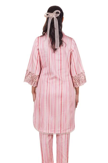 Shop Bhawna Sethi Pink Cotton, Silk Cut Work, Sequins Collared Rosella Kurta And Pant Co-ord Set Shop_Bhawna Sethi_Pink Cotton, Silk Cut Work, Sequins Collared Rosella Kurta And Pant Co-ord Set