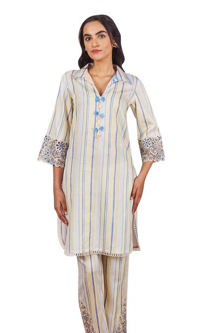 Bhawna Sethi Yellow Cotton, Silk Cut Work, Sequins Shawl Neck Canary Kurta And Pant Co-ord Set Online at Aza Fashions Bhawna Sethi_Yellow Cotton, Silk Cut Work, Sequins Shawl Neck Canary Kurta And Pant Co-ord Set _Online_at_Aza_Fashions