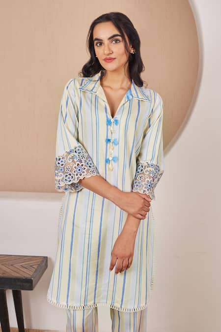 Buy Bhawna Sethi Yellow Cotton, Silk Cut Work, Sequins Shawl Neck Canary Kurta And Pant Co-ord Set Online at Aza Fashions Buy_Bhawna Sethi_Yellow Cotton, Silk Cut Work, Sequins Shawl Neck Canary Kurta And Pant Co-ord Set _Online_at_Aza_Fashions