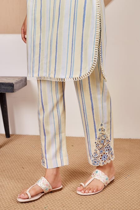 Shop Bhawna Sethi Yellow Cotton, Silk Cut Work, Sequins Shawl Neck Canary Kurta And Pant Co-ord Set Online at Aza Fashions Shop_Bhawna Sethi_Yellow Cotton, Silk Cut Work, Sequins Shawl Neck Canary Kurta And Pant Co-ord Set _Online_at_Aza_Fashions