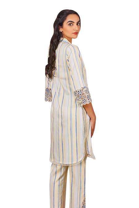 Bhawna Sethi Yellow Cotton, Silk Cut Work, Sequins Shawl Neck Canary Kurta And Pant Co-ord Set at Aza Fashions Bhawna Sethi_Yellow Cotton, Silk Cut Work, Sequins Shawl Neck Canary Kurta And Pant Co-ord Set _at_Aza_Fashions