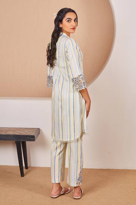 Buy Bhawna Sethi Yellow Cotton, Silk Cut Work, Sequins Shawl Neck Canary Kurta And Pant Co-ord Set Buy_Bhawna Sethi_Yellow Cotton, Silk Cut Work, Sequins Shawl Neck Canary Kurta And Pant Co-ord Set