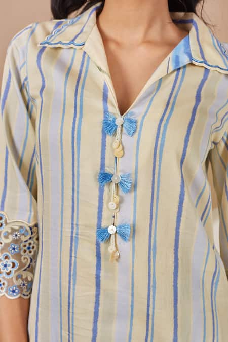 Shop Bhawna Sethi Yellow Cotton, Silk Cut Work, Sequins Shawl Neck Canary Kurta And Pant Co-ord Set Shop_Bhawna Sethi_Yellow Cotton, Silk Cut Work, Sequins Shawl Neck Canary Kurta And Pant Co-ord Set