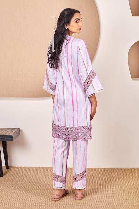 Shop Bhawna Sethi Purple Cotton, Silk Sequins, Pearls, Cut Work Finch Kurta And Pant Co-ord Set at Aza Fashions Shop_Bhawna Sethi_Purple Cotton, Silk Sequins, Pearls, Cut Work Finch Kurta And Pant Co-ord Set _at_Aza_Fashions