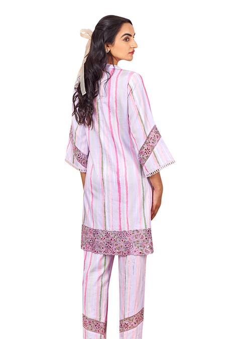 Shop Bhawna Sethi Purple Cotton, Silk Sequins, Pearls, Cut Work Finch Kurta And Pant Co-ord Set Shop_Bhawna Sethi_Purple Cotton, Silk Sequins, Pearls, Cut Work Finch Kurta And Pant Co-ord Set