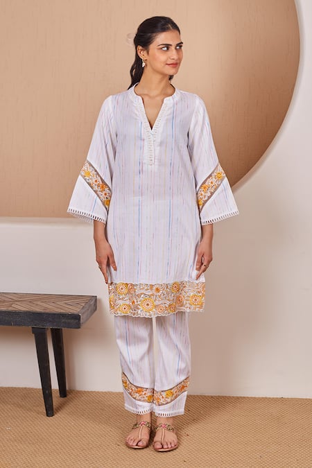 Shop Bhawna Sethi White Cotton, Silk Pearls, Cut Work, Embroidery Pelican Kurta And Pant Co-ord Set at Aza Fashions Shop_Bhawna Sethi_White Cotton, Silk Pearls, Cut Work, Embroidery Pelican Kurta And Pant Co-ord Set _at_Aza_Fashions