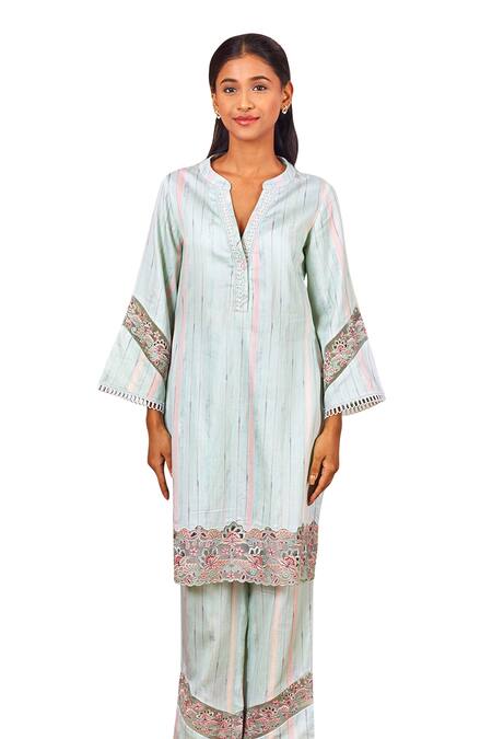 Bhawna Sethi Green Cotton, Silk Pearls, Sequins, Cut Work Lovebird Kurta And Pant Co-ord Set at Aza Fashions Bhawna Sethi_Green Cotton, Silk Pearls, Sequins, Cut Work Lovebird Kurta And Pant Co-ord Set _at_Aza_Fashions