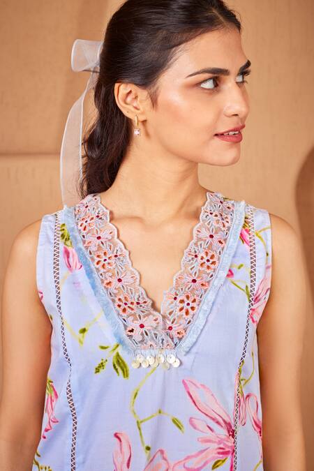 Shop Bhawna Sethi Blue Cotton, Silk Embroidery, Cut Bluebird Floral Print A-line Kurta With Pant Online at Aza Fashions Shop_Bhawna Sethi_Blue Cotton, Silk Embroidery, Cut Bluebird Floral Print A-line Kurta With Pant _Online_at_Aza_Fashions