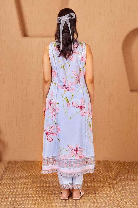Shop Bhawna Sethi Blue Cotton, Silk, Chiffon Bluebird A-line Floral Print Kurta Set With Dupatta at Aza Fashions Shop_Bhawna Sethi_Blue Cotton, Silk, Chiffon Bluebird A-line Floral Print Kurta Set With Dupatta _at_Aza_Fashions
