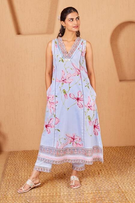 Bhawna Sethi Blue Cotton, Silk, Chiffon Bluebird A-line Floral Print Kurta Set With Dupatta at Aza Fashions Bhawna Sethi_Blue Cotton, Silk, Chiffon Bluebird A-line Floral Print Kurta Set With Dupatta _at_Aza_Fashions