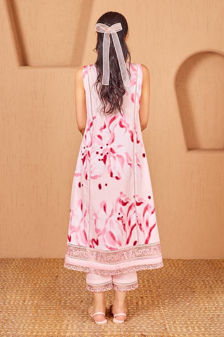 Shop Bhawna Sethi Pink Cotton, Silk Embroidery, Cut Rosella Floral Print A-line Kurta With Pant at Aza Fashions Shop_Bhawna Sethi_Pink Cotton, Silk Embroidery, Cut Rosella Floral Print A-line Kurta With Pant _at_Aza_Fashions