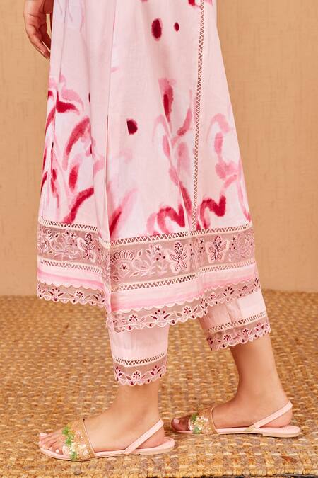 Bhawna Sethi Pink Cotton, Silk Embroidery, Cut Rosella Floral Print A-line Kurta With Pant at Aza Fashions Bhawna Sethi_Pink Cotton, Silk Embroidery, Cut Rosella Floral Print A-line Kurta With Pant _at_Aza_Fashions