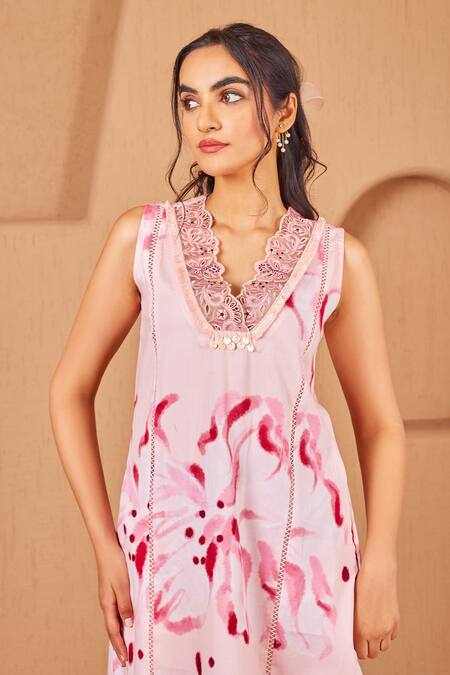 Shop Bhawna Sethi Pink Cotton, Silk, Rosella Floral Print A-line Sleeveless Kurta Set With Dupatta Online at Aza Fashions Shop_Bhawna Sethi_Pink Cotton, Silk, Rosella Floral Print A-line Sleeveless Kurta Set With Dupatta _Online_at_Aza_Fashions