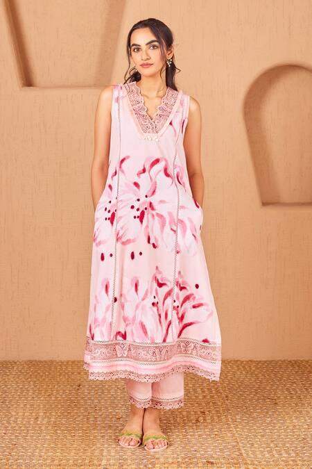 Buy Bhawna Sethi Pink Cotton, Silk, Rosella Floral Print A-line Sleeveless Kurta Set With Dupatta Buy_Bhawna Sethi_Pink Cotton, Silk, Rosella Floral Print A-line Sleeveless Kurta Set With Dupatta