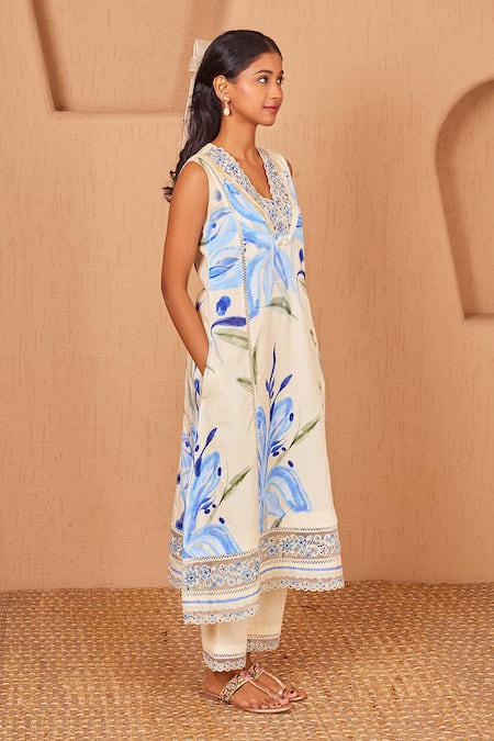 Bhawna Sethi Yellow Cotton, Canary Floral Print A-line Sleeveless Kurta Set With Dupatta Online at Aza Fashions Bhawna Sethi_Yellow Cotton, Canary Floral Print A-line Sleeveless Kurta Set With Dupatta _Online_at_Aza_Fashions