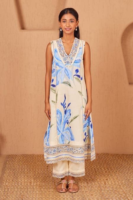 Shop Bhawna Sethi Yellow Cotton, Canary Floral Print A-line Sleeveless Kurta Set With Dupatta Online at Aza Fashions Shop_Bhawna Sethi_Yellow Cotton, Canary Floral Print A-line Sleeveless Kurta Set With Dupatta _Online_at_Aza_Fashions