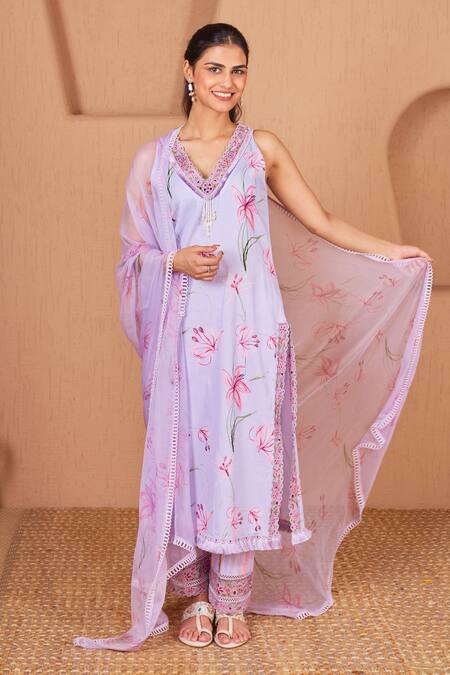 Bhawna Sethi Purple Cotton, Silk Embroidery, Cut Work Finch Floral Print Kurta With Pant Online at Aza Fashions Bhawna Sethi_Purple Cotton, Silk Embroidery, Cut Work Finch Floral Print Kurta With Pant _Online_at_Aza_Fashions