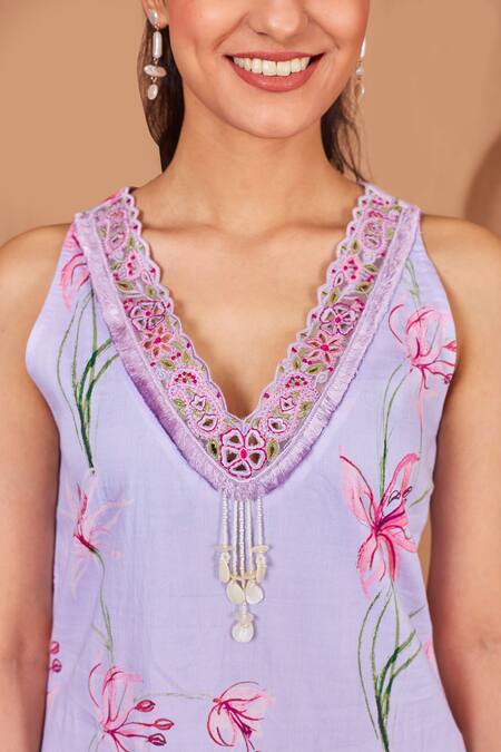 Shop Bhawna Sethi Purple Cotton, Silk Embroidery, Cut Work Finch Floral Print Kurta With Pant Online at Aza Fashions Shop_Bhawna Sethi_Purple Cotton, Silk Embroidery, Cut Work Finch Floral Print Kurta With Pant _Online_at_Aza_Fashions