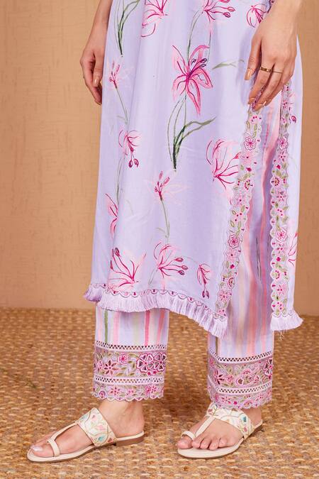 Bhawna Sethi Purple Cotton, Silk Embroidery, Cut Work Finch Floral Print Kurta With Pant at Aza Fashions Bhawna Sethi_Purple Cotton, Silk Embroidery, Cut Work Finch Floral Print Kurta With Pant _at_Aza_Fashions