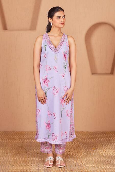 Shop_Bhawna Sethi_Purple Cotton, Silk, Finch Floral Print Sleeveless Kurta Set With Dupatta _Online_at_Aza_Fashions