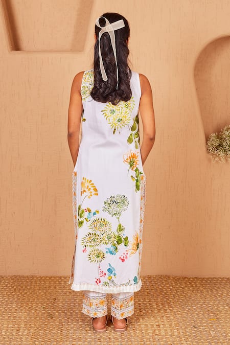 Shop_Bhawna Sethi_White Cotton, Silk, Pelican Floral Print Sleeveless Kurta Set With Dupatta _at_Aza_Fashions