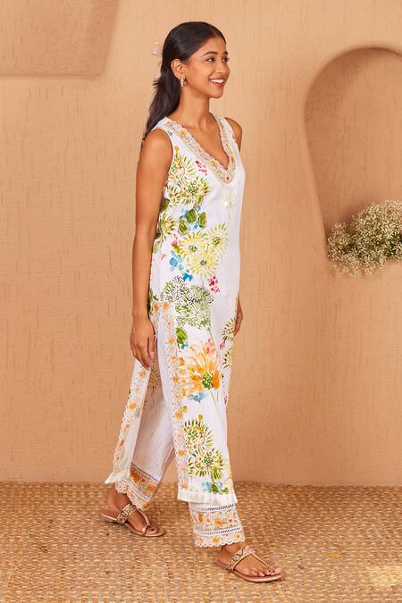 Bhawna Sethi_White Cotton, Silk, Pelican Floral Print Sleeveless Kurta Set With Dupatta _Online_at_Aza_Fashions