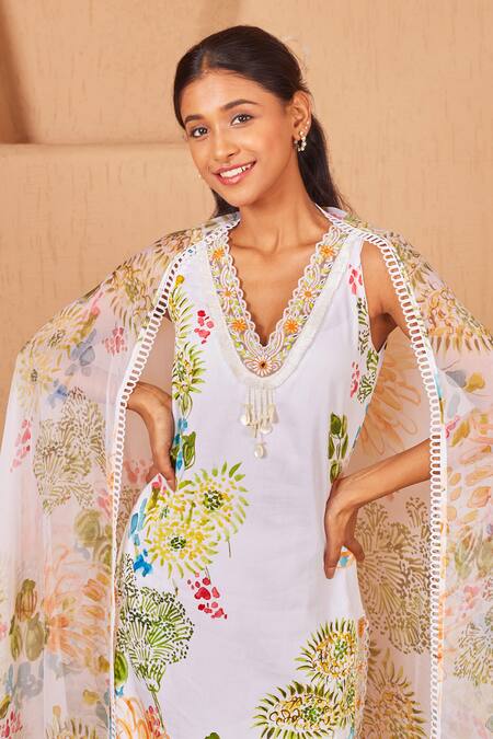 Buy_Bhawna Sethi_White Cotton, Silk, Pelican Floral Print Sleeveless Kurta Set With Dupatta _Online_at_Aza_Fashions