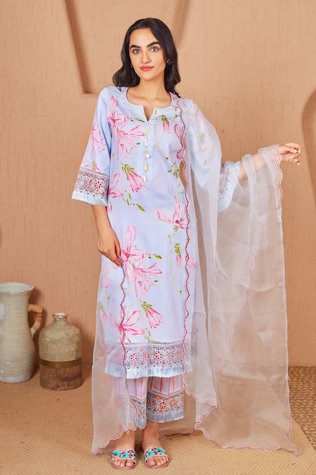 Bhawna Sethi Blue Kurta Pure Cotton Silk Printed Floral Notched Bluebird Set With Dupatta 