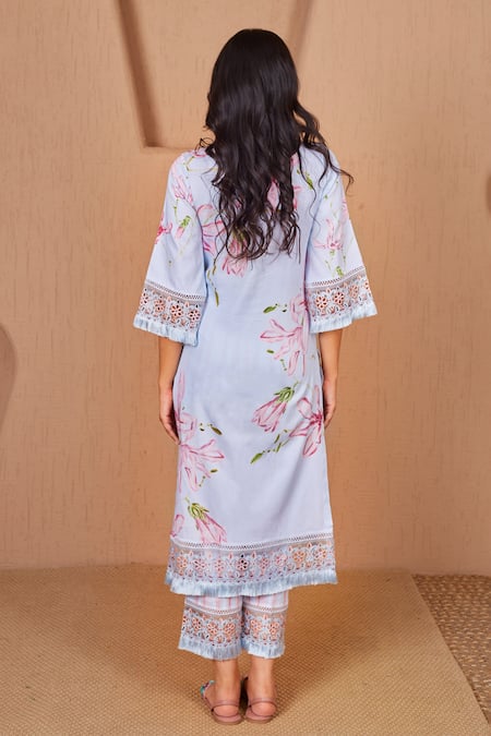 Shop Bhawna Sethi Blue Cotton, Silk, Organza Bluebird Floral Print Kurta Set With Dupatta at Aza Fashions Shop_Bhawna Sethi_Blue Cotton, Silk, Organza Bluebird Floral Print Kurta Set With Dupatta _at_Aza_Fashions