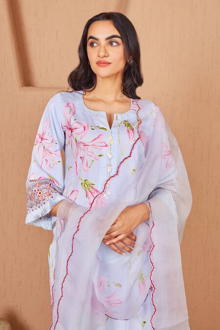 Bhawna Sethi Blue Cotton, Silk, Organza Bluebird Floral Print Kurta Set With Dupatta Online at Aza Fashions Bhawna Sethi_Blue Cotton, Silk, Organza Bluebird Floral Print Kurta Set With Dupatta _Online_at_Aza_Fashions