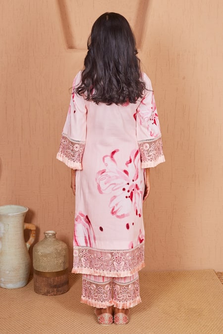 Shop Bhawna Sethi Pink Cotton, Silk Embroidery, Cut Work Rosella Floral Print Kurta With Pant at Aza Fashions Shop_Bhawna Sethi_Pink Cotton, Silk Embroidery, Cut Work Rosella Floral Print Kurta With Pant _at_Aza_Fashions